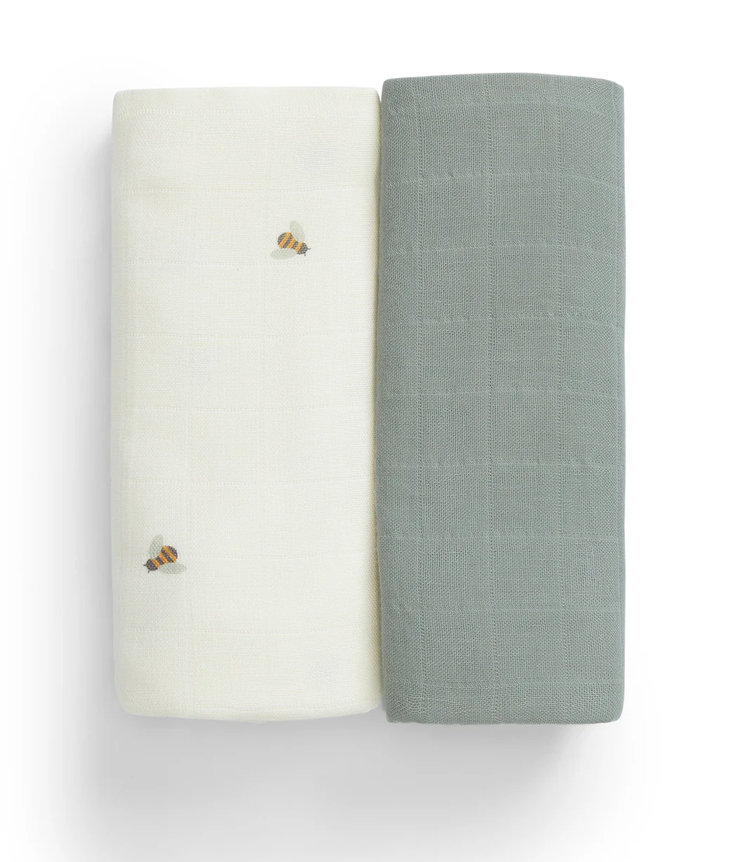 Burp Cloth 2 Pack Muslin Cream Bees - Image 4